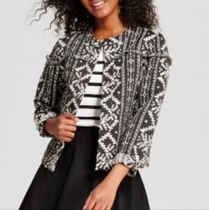 3/$15 Who What Wear Target boho Aztec jacket fringe open front black white sz M
